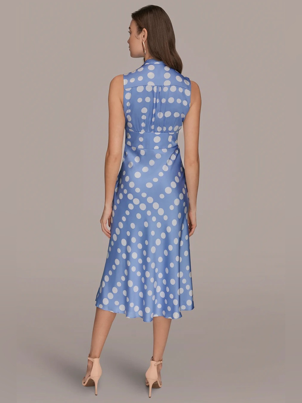 Donna Karan blue SATIN POLKA-DOT TIE-NECK MIDI DRESS - Picture 2 of 12